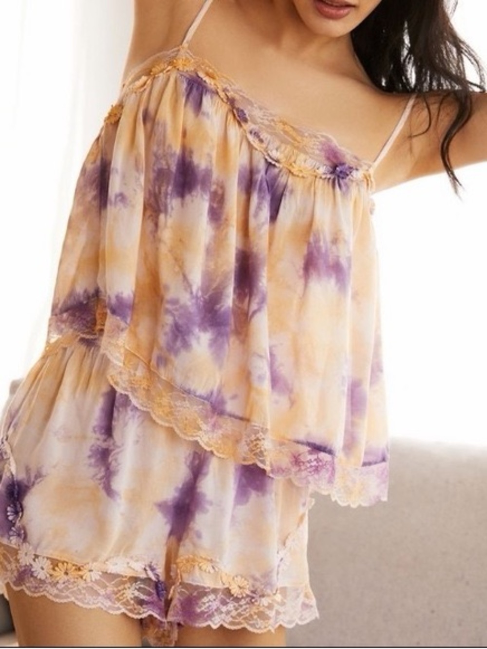 Tie-Dye Lace Trim Cami & Short Sleep Set - Purple & Cream